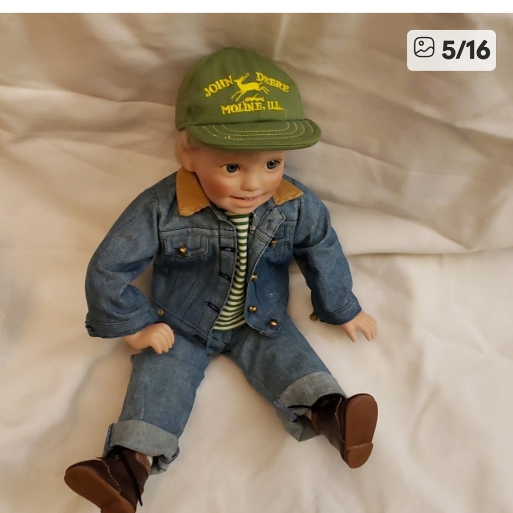 John Deere Doll with Green Cap and Denim Jacket-Billy